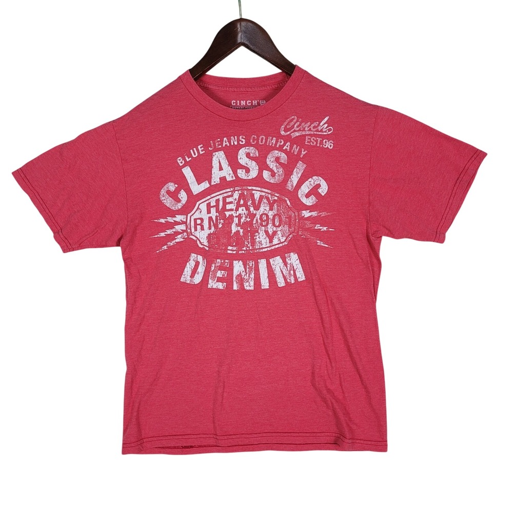 Cinch T-Shirt Men's Size Medium Red White Classic Heavy‎ Duty Denim Big Logo S/S